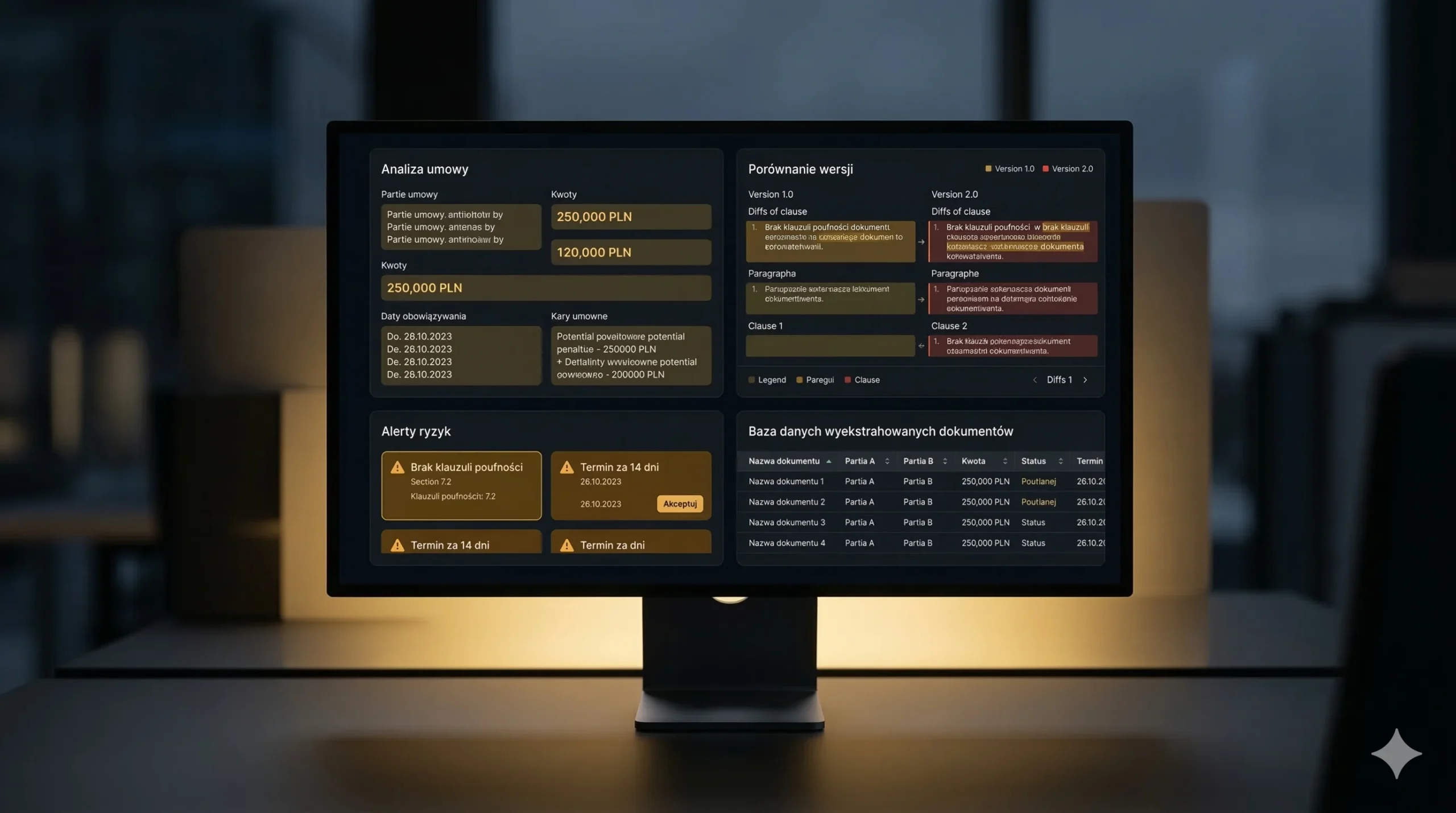 Dashboard agenta AI — wyekstrahowane dane z dokumentów, porównania wersji i alerty ryzyk
