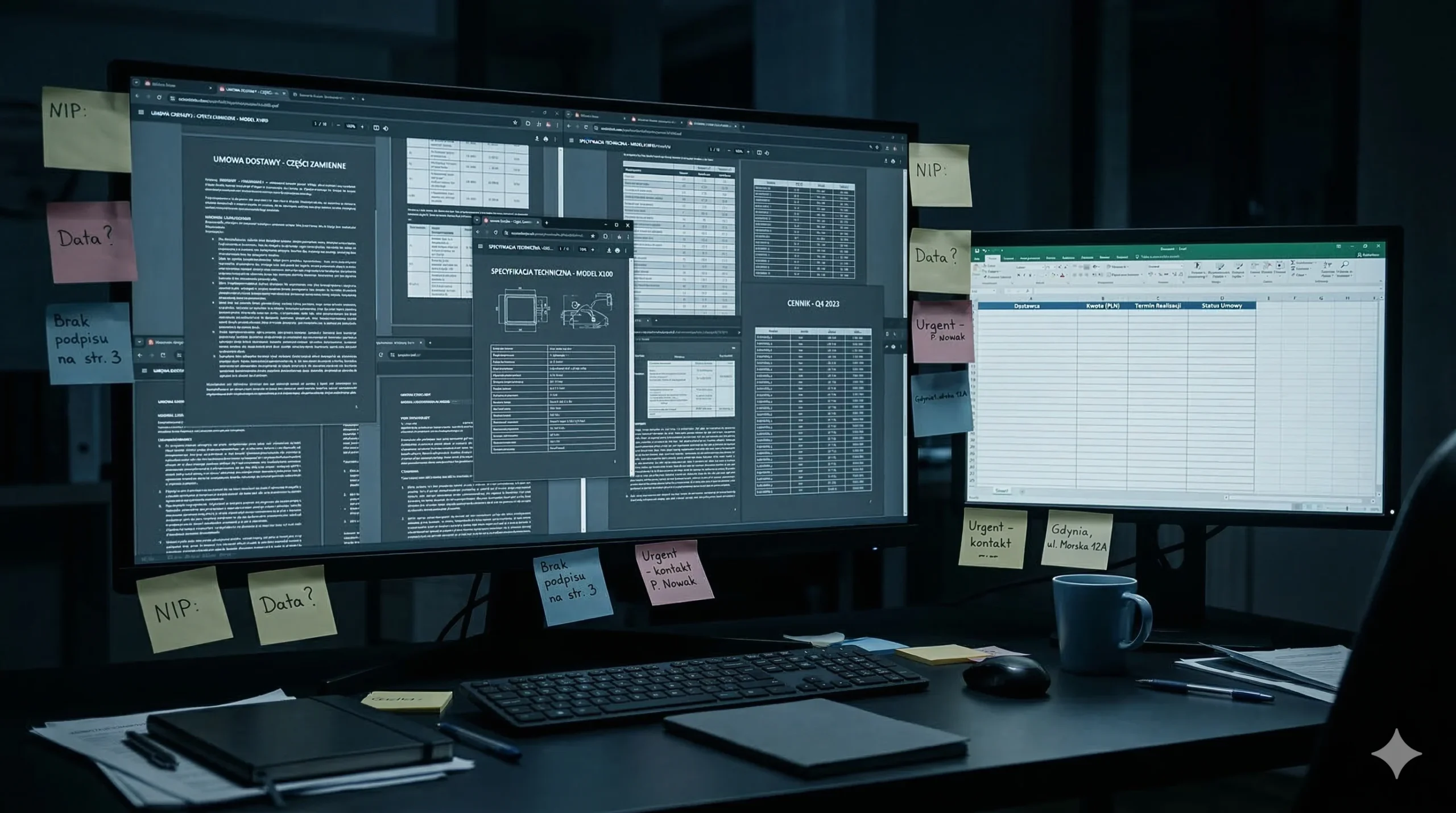 Stos dokumentów biznesowych — umowy, oferty i specyfikacje czekające na analizę