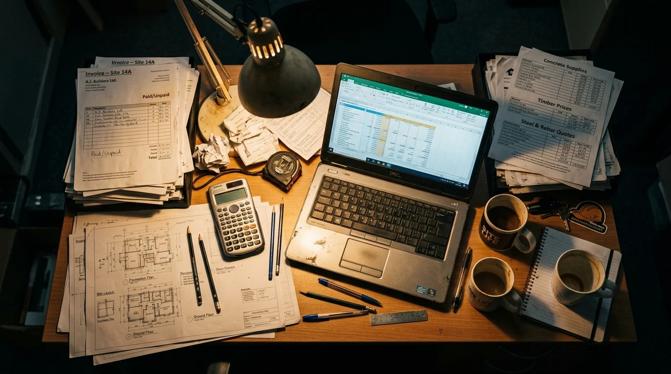 Biurko firmy budowlanej zastawione fakturami, cennikami i kalkulacjami — ręczny proces wyceny