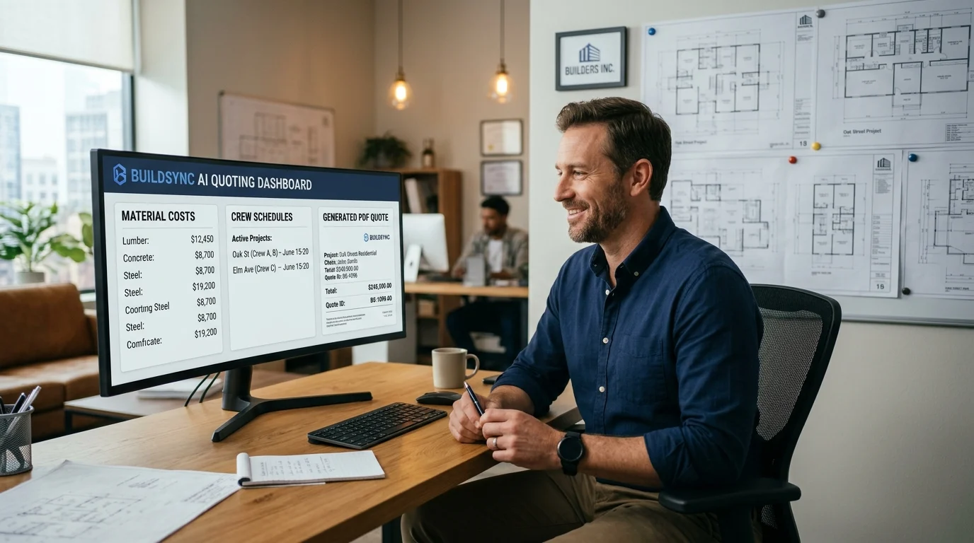 Nowoczesne biuro firmy budowlanej z ekranem pokazującym automatyczny system wycen