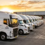 Flota nowoczesnych ciężarówek na terminalu logistycznym o wschodzie słońca