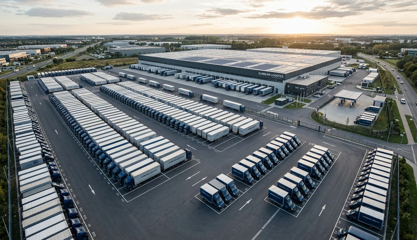 Flota samochodów ciężarowych na parkingu — firma transportowa przed wdrożeniem AI