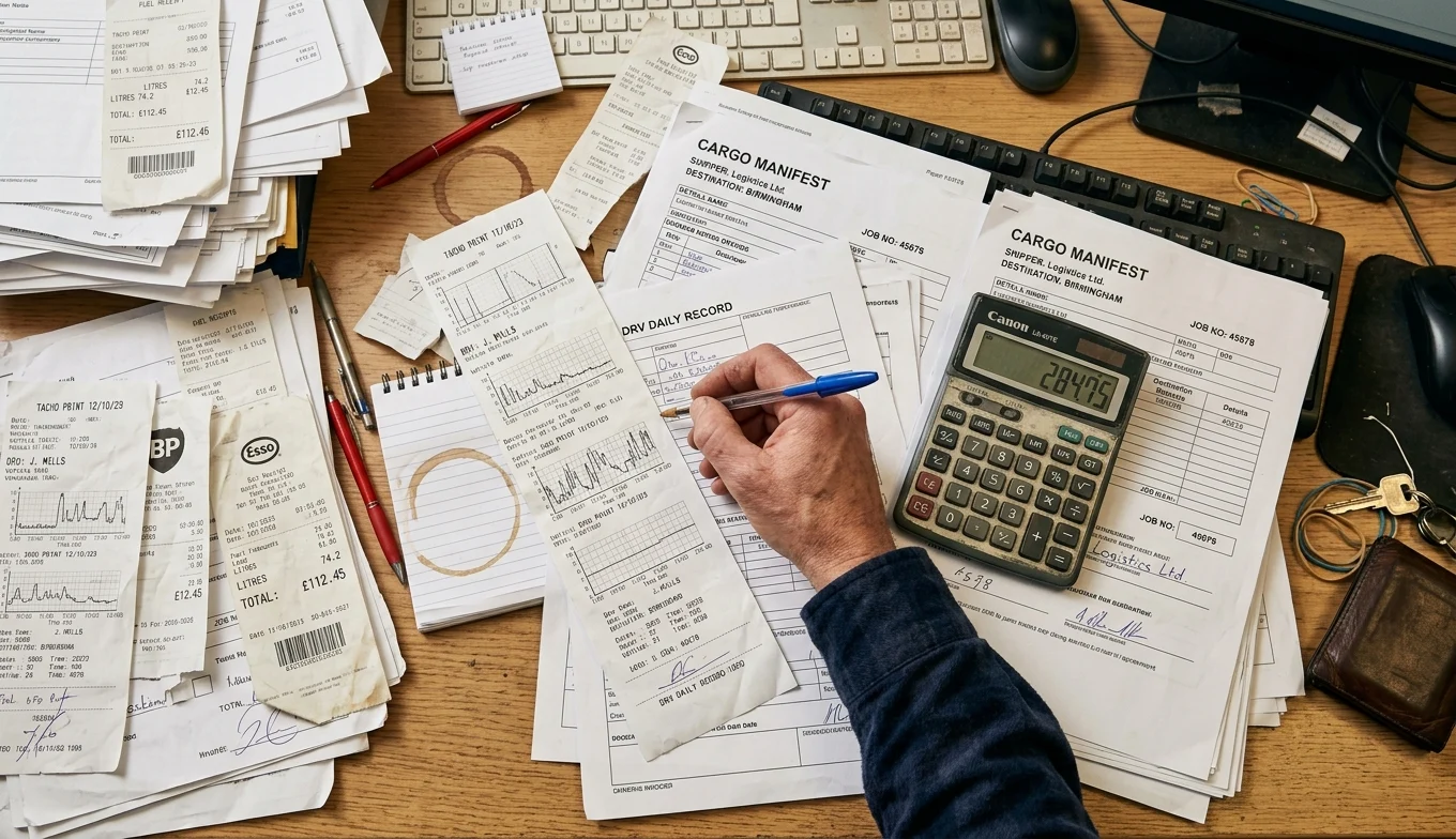 Biurko firmy transportowej z tachografami, kartami paliwowymi i fakturami — dane w wielu systemach