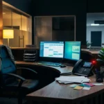 Recepcja kliniki nocą — telefon dzwoni ale nikt nie odbiera, pusta recepcja