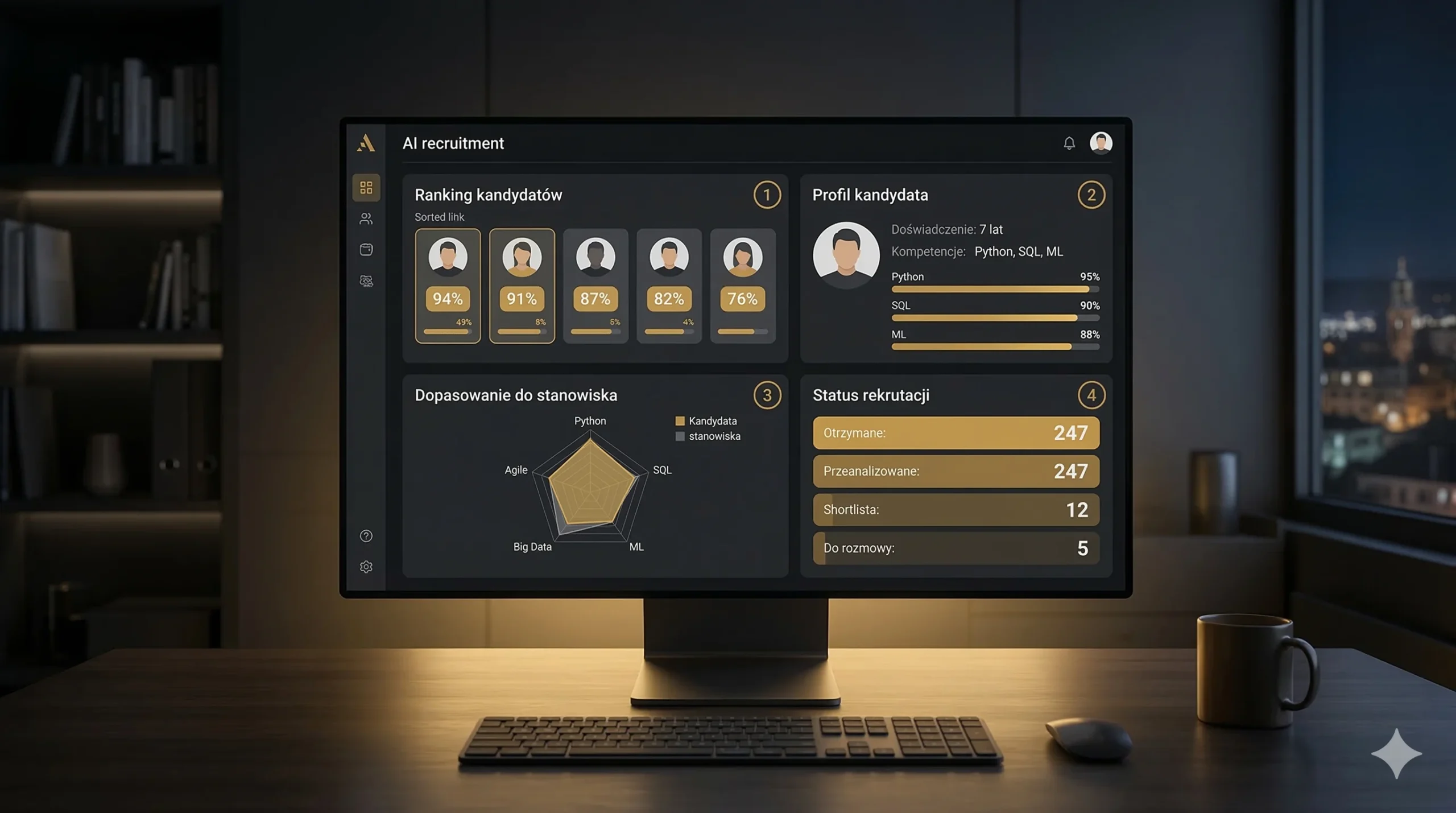 Dashboard AI z rankingiem kandydatów — scoring kompetencji, profile, dopasowanie do stanowiska