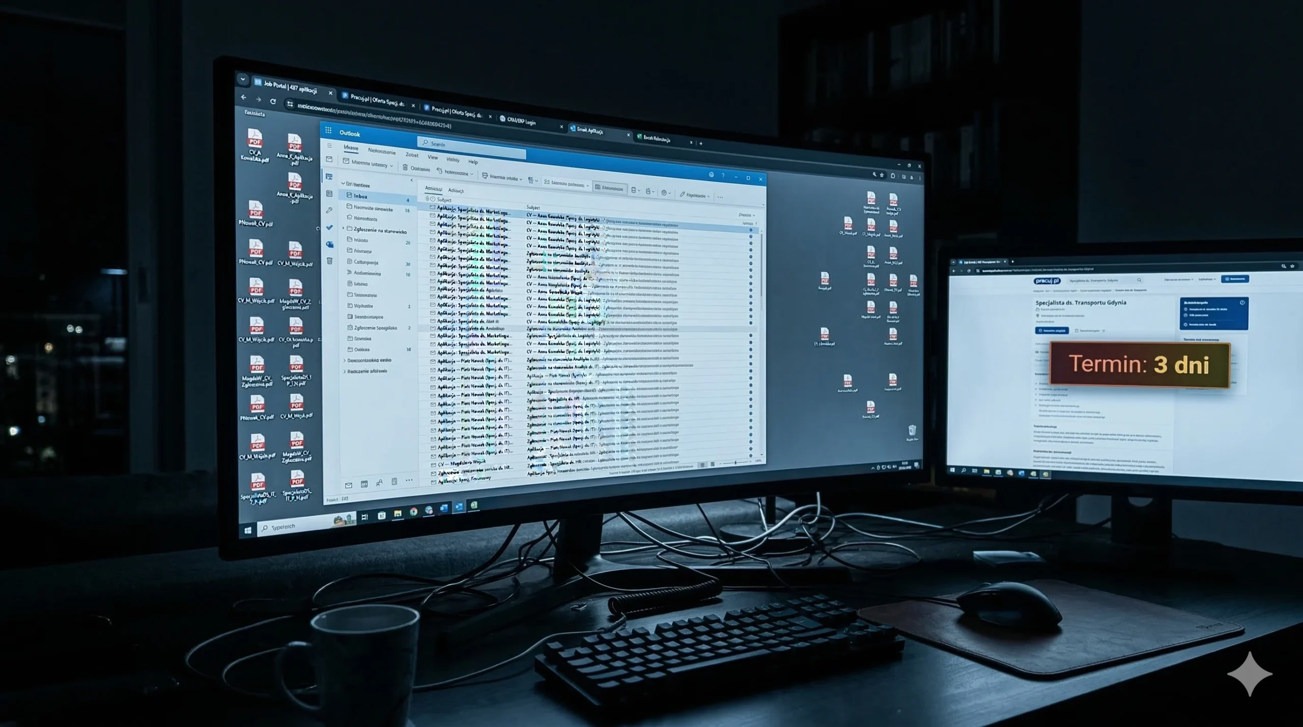 Stos CV na ekranie — setki aplikacji do ręcznego przeglądania przez rekrutera