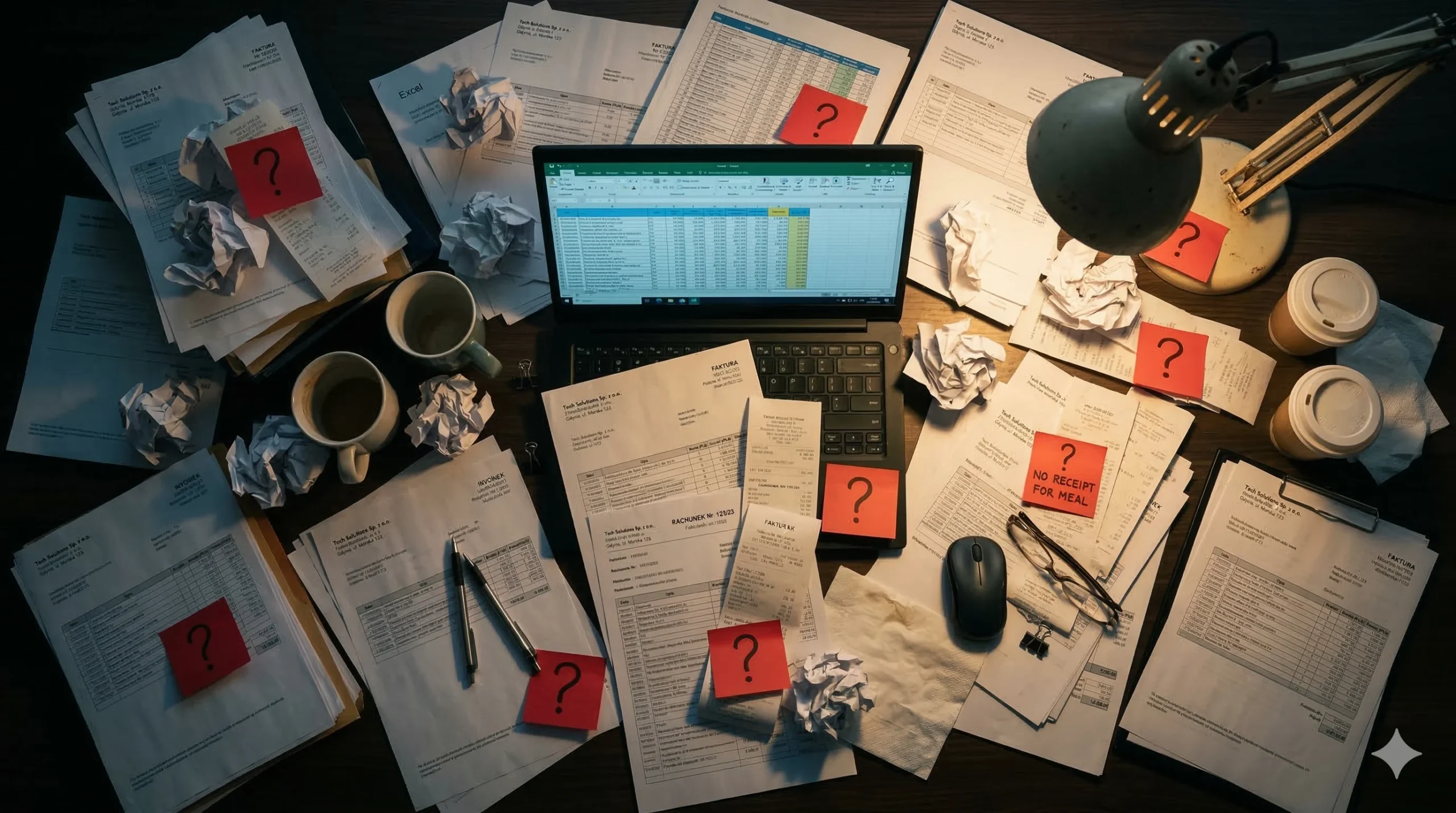 Chaos faktur w firmie — biurko zasypane papierowymi fakturami i wydrukami z Excela
