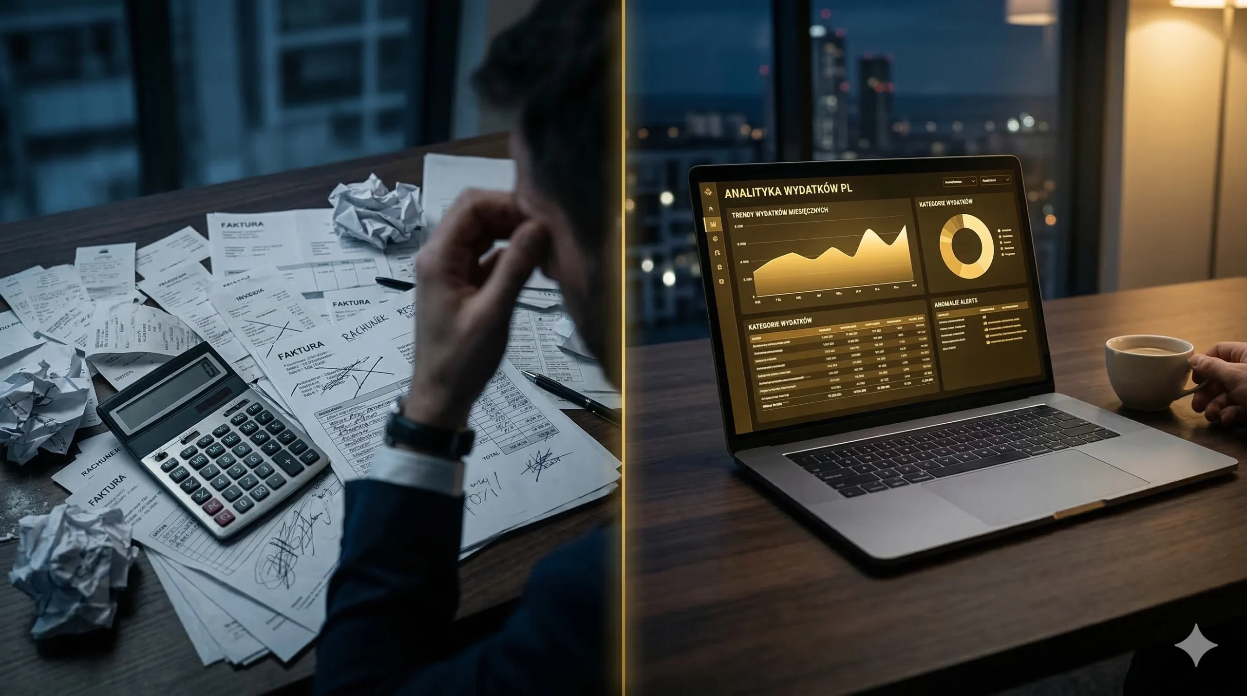 Porównanie przed i po wdrożeniu AI do analizy faktur — chaos dokumentów vs przejrzysty dashboard