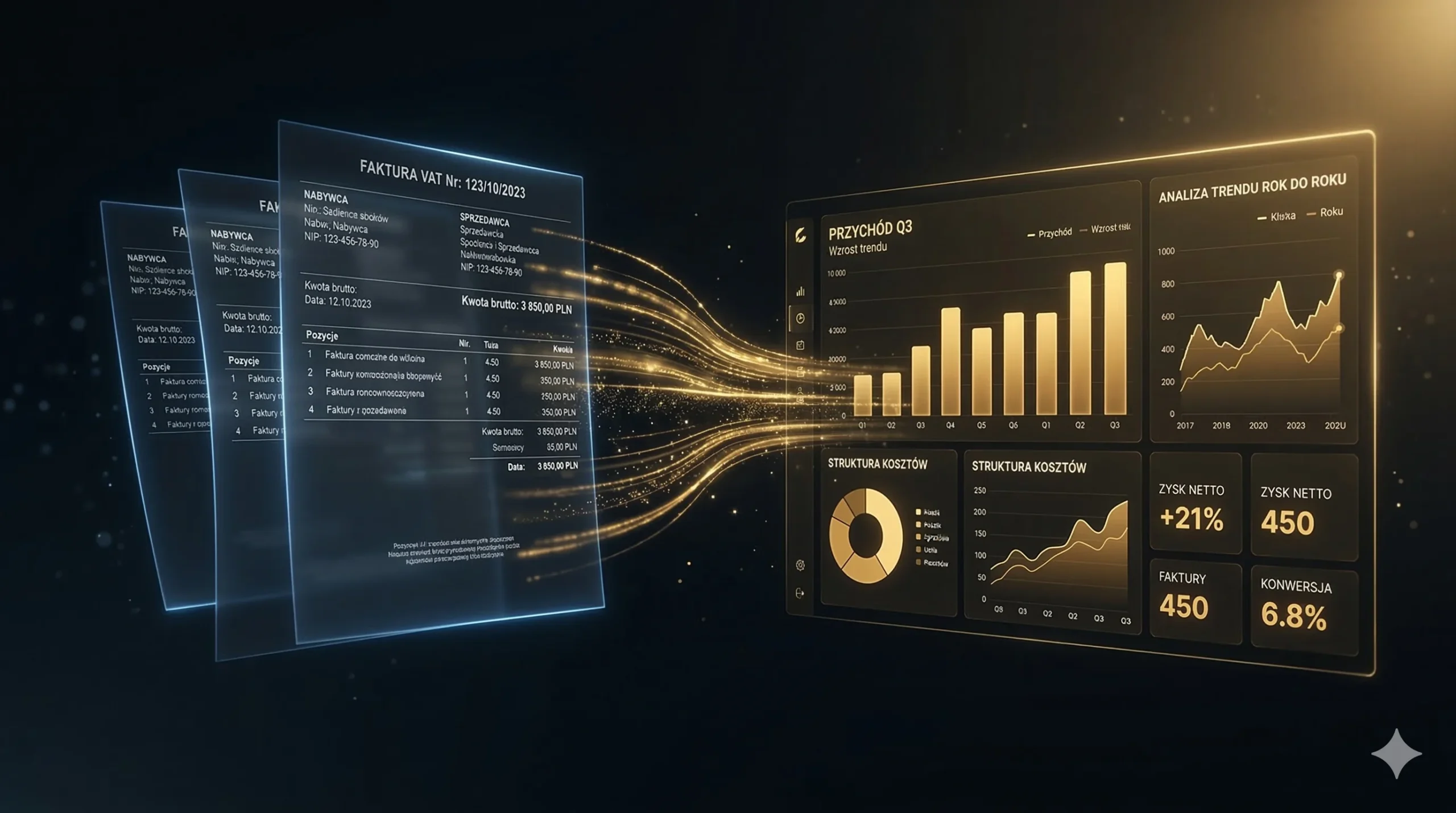 Analiza faktur AI — wizualizacja transformacji danych z faktur KSeF w interaktywny dashboard biznesowy