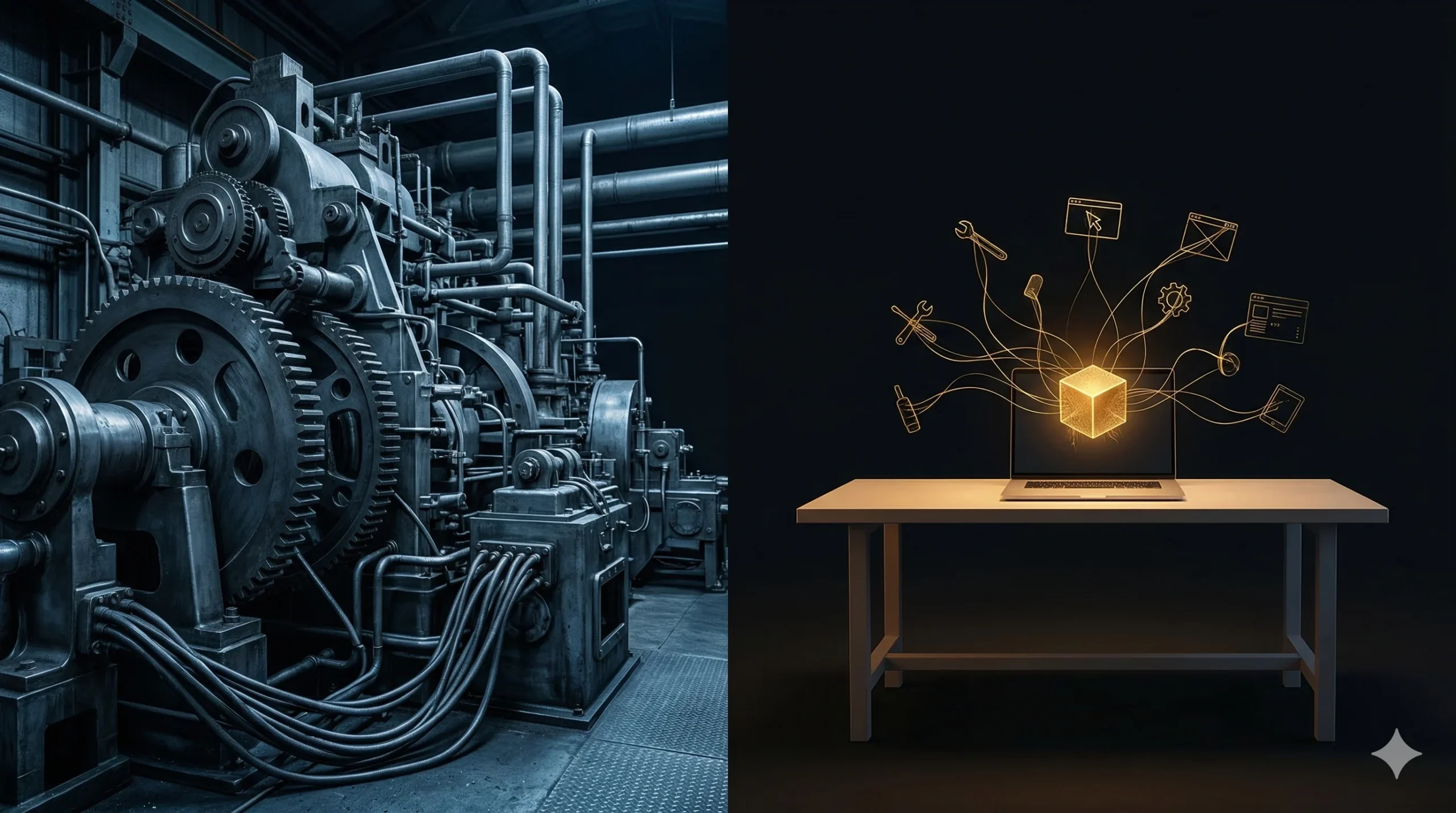 Budowa oprogramowania kiedyś i dziś — ciężki warsztat przemysłowy kontra minimalistyczny laptop z AI