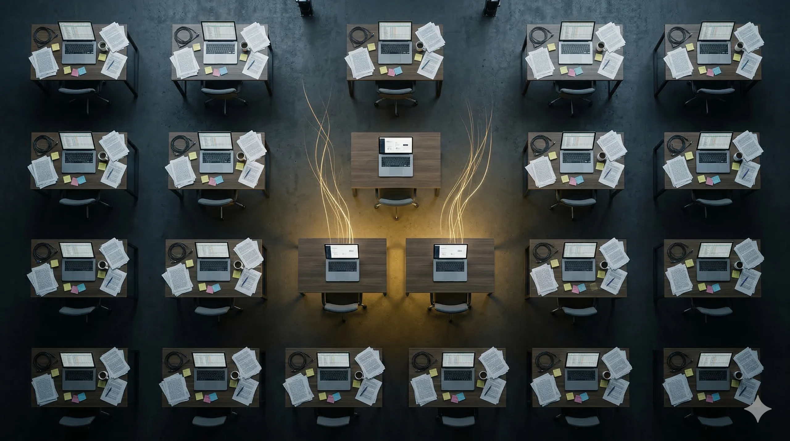 Automatyzacja procesów w małej firmie — widok z góry na biurka symbolizujące powtarzalne zadania, kilka uwolnionych złotym światłem automatyzacji