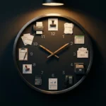 Czas zjadany przez rutynę — zegar ścienny z powtarzalnymi zadaniami biurowymi zamiast godzin