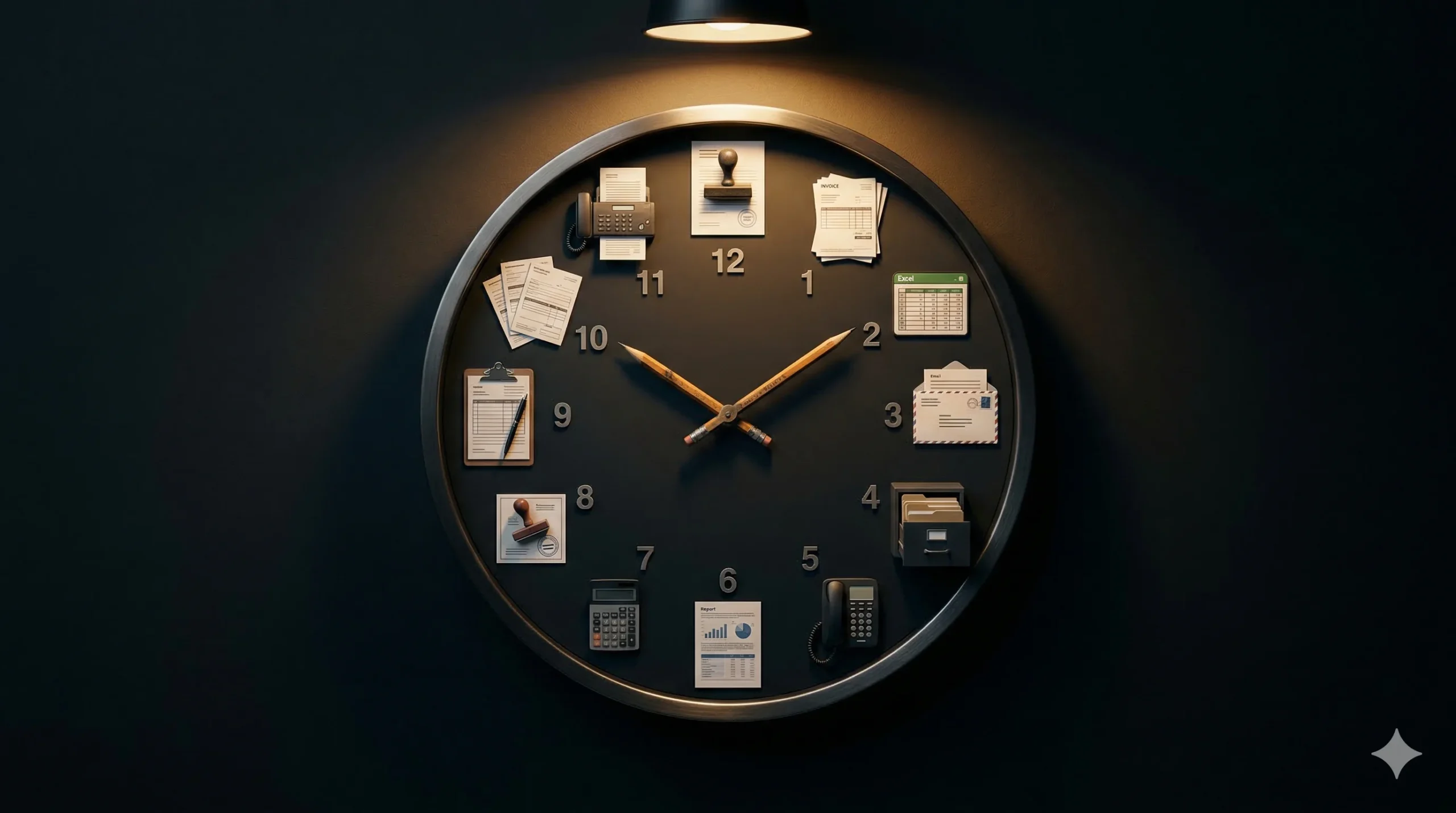 Czas zjadany przez rutynę — zegar ścienny z powtarzalnymi zadaniami biurowymi zamiast godzin