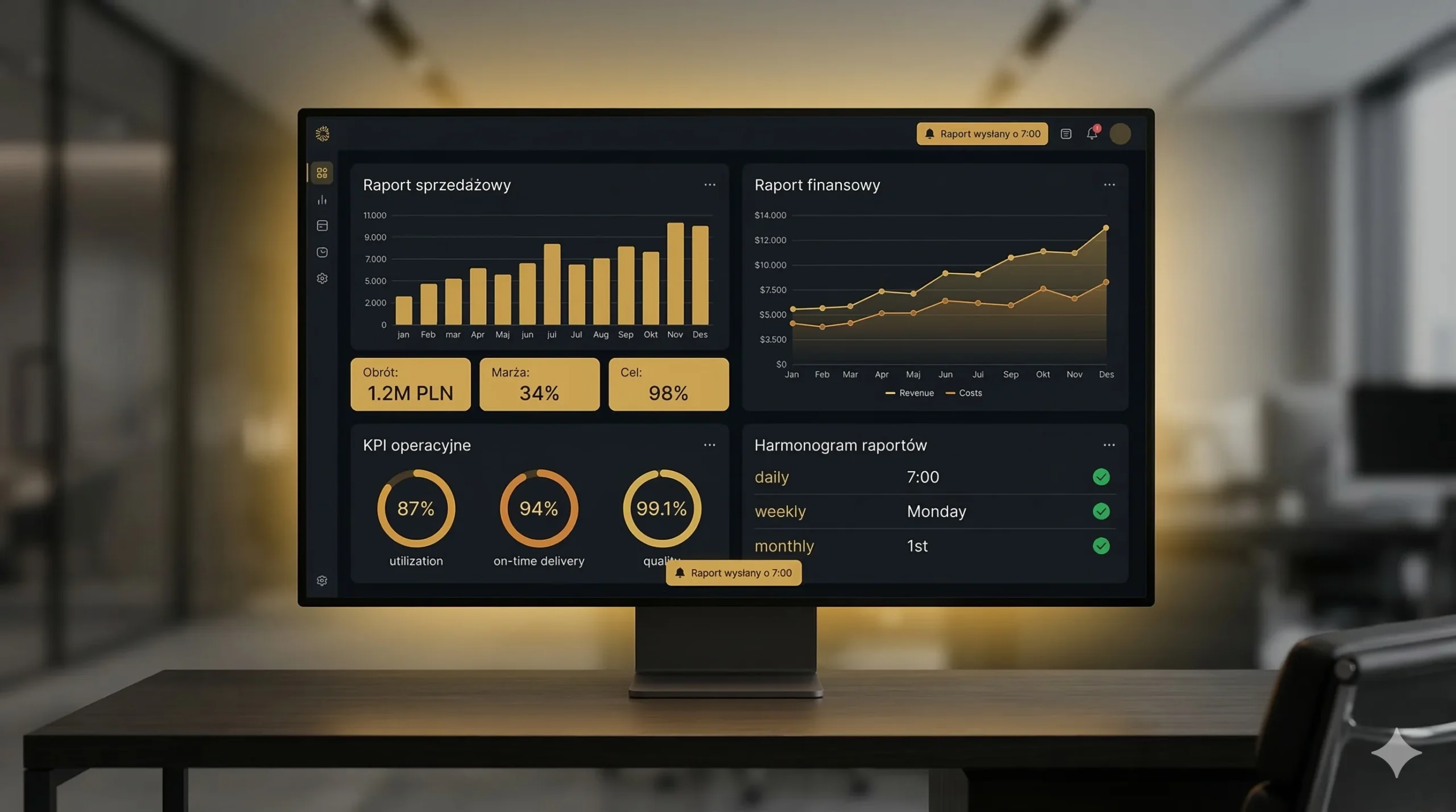 Dashboard automatycznych raportów AI — wykresy sprzedażowe, KPI finansowe, alerty operacyjne