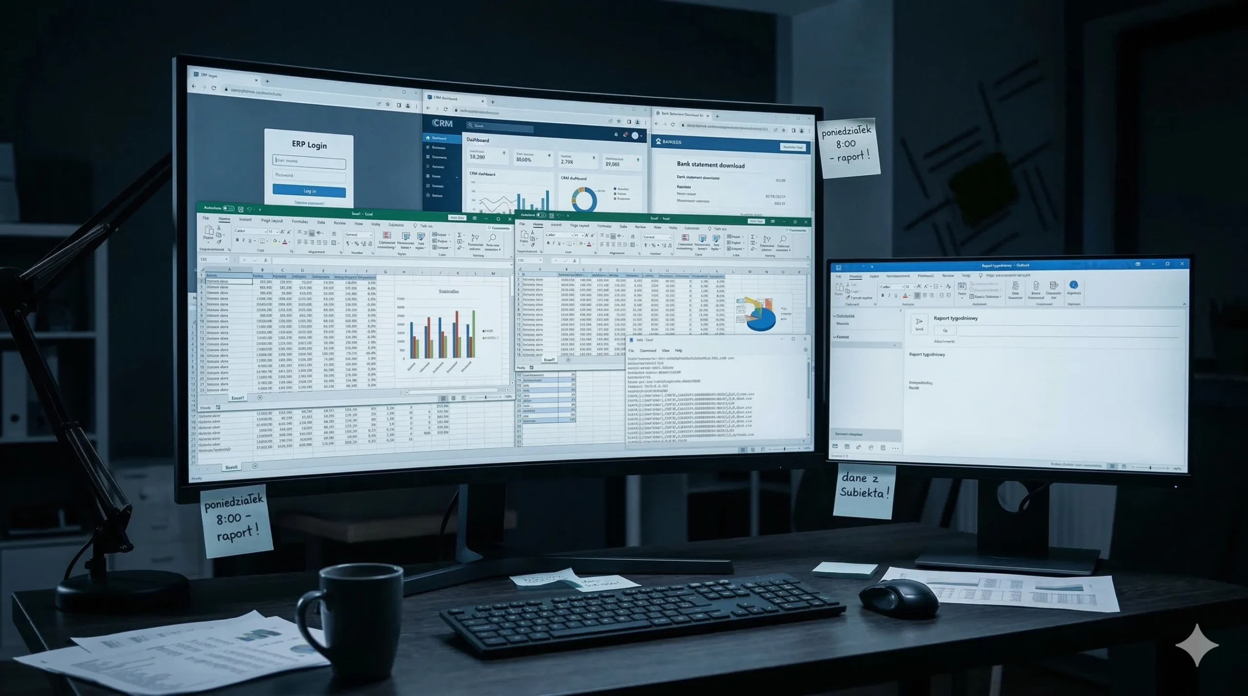Wiele otwartych arkuszy Excel z danymi z różnych systemów — ręczne raportowanie