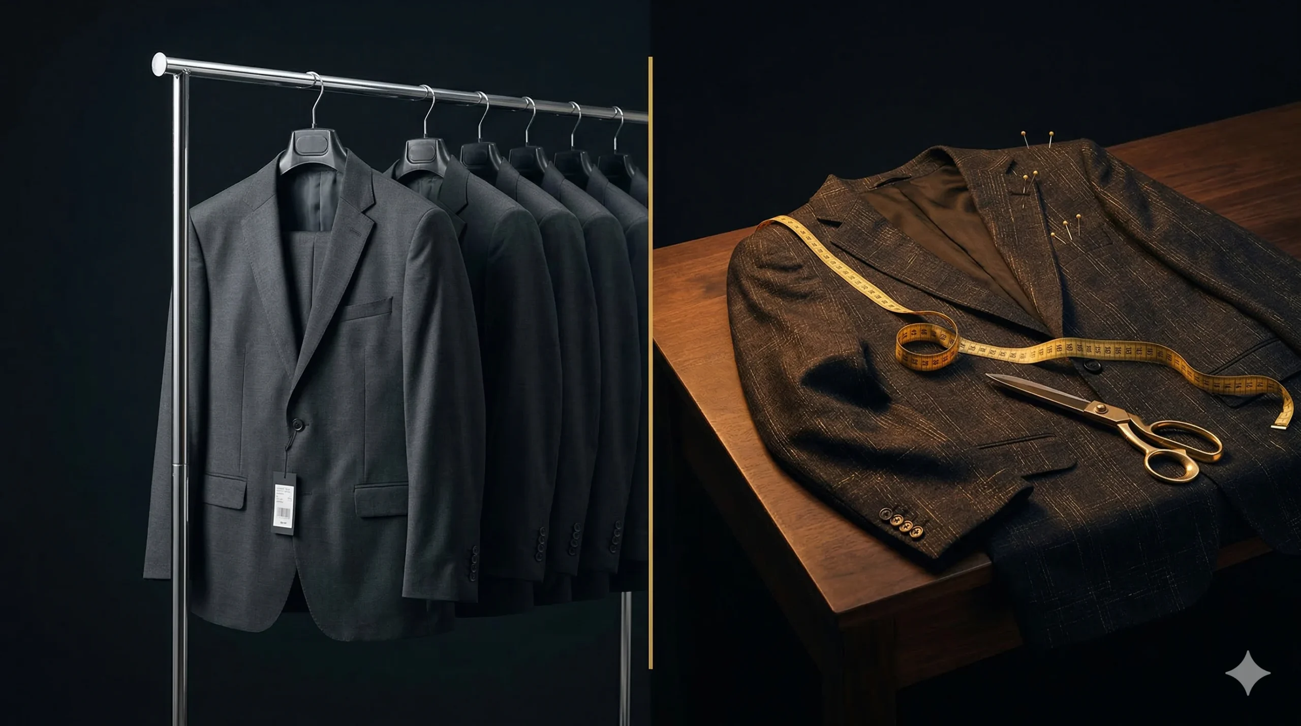 Dedykowane oprogramowanie vs SaaS — garnitur z wieszaka symbolizujący gotowy produkt obok garnituru krojonego na miarę