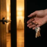 Kiedy SaaS to dobry wybór — klucze od gotowego mieszkania z ciepłym światłem za otwartymi drzwiami