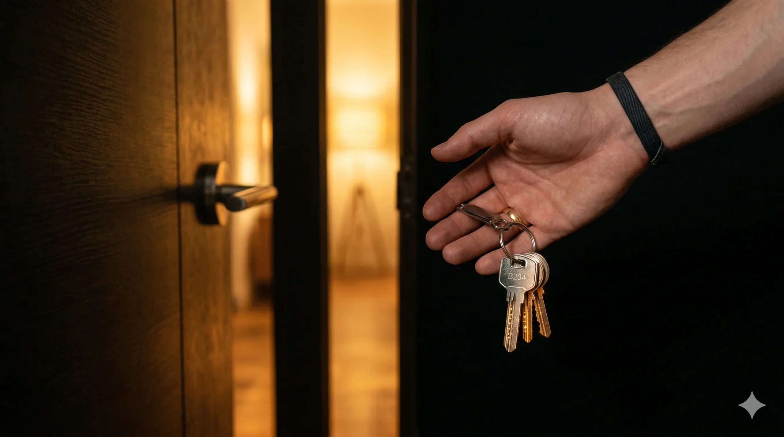 Kiedy SaaS to dobry wybór — klucze od gotowego mieszkania z ciepłym światłem za otwartymi drzwiami