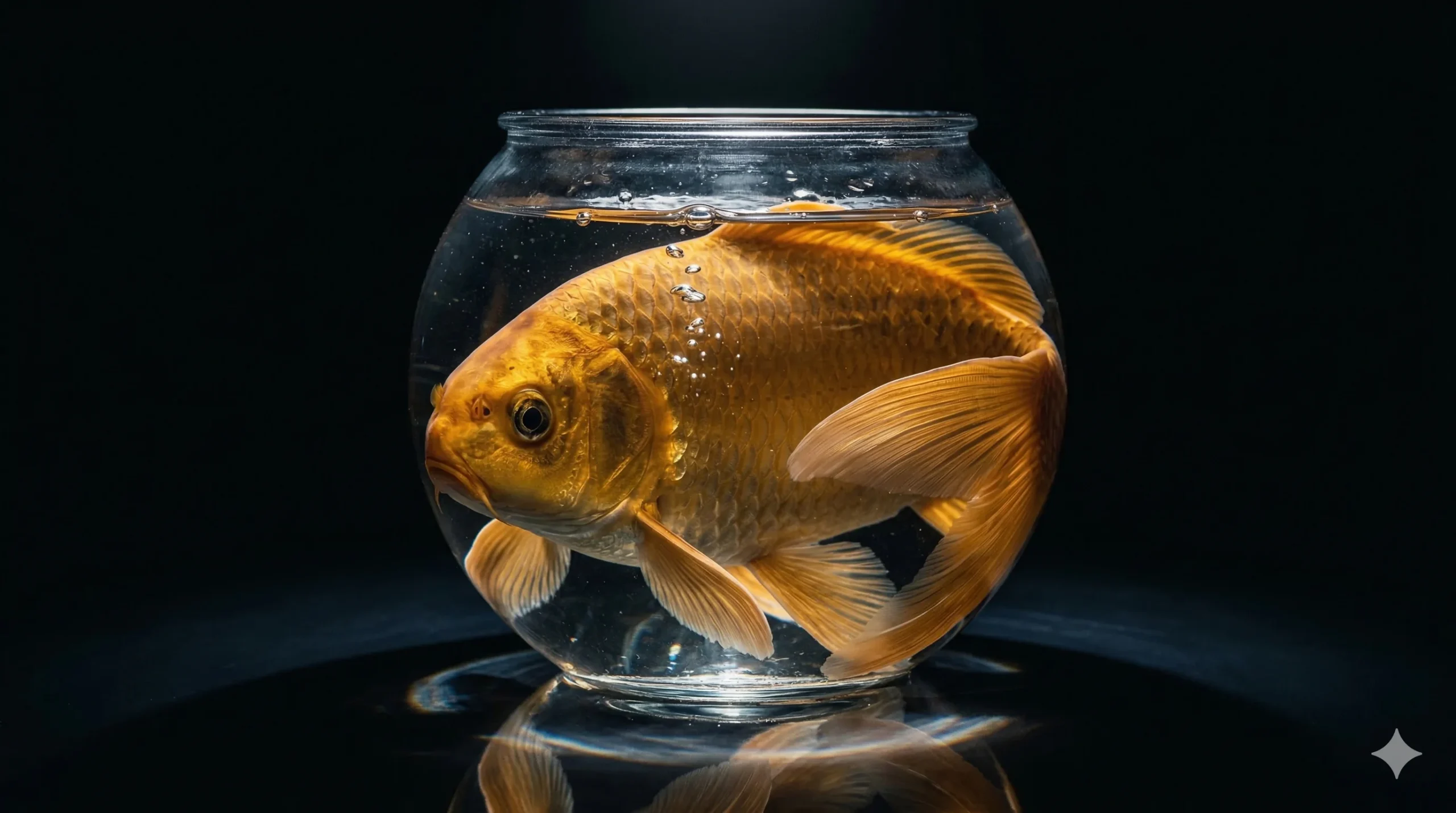 Ograniczenia SaaS dla rosnącej firmy — złota ryba wyrastająca z małego akwarium na ciemnym tle