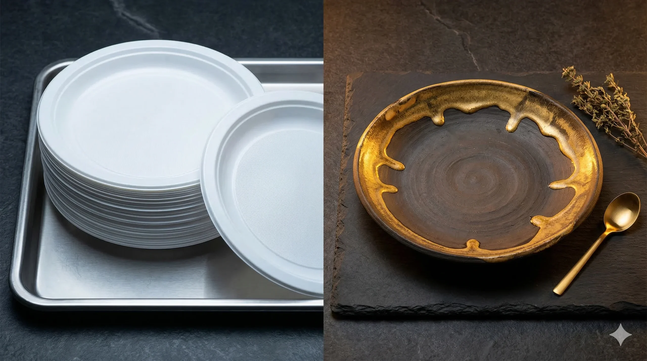 Porównanie SaaS i dedykowanego oprogramowania — identyczne plastikowe talerze kontra ręcznie robiona ceramika