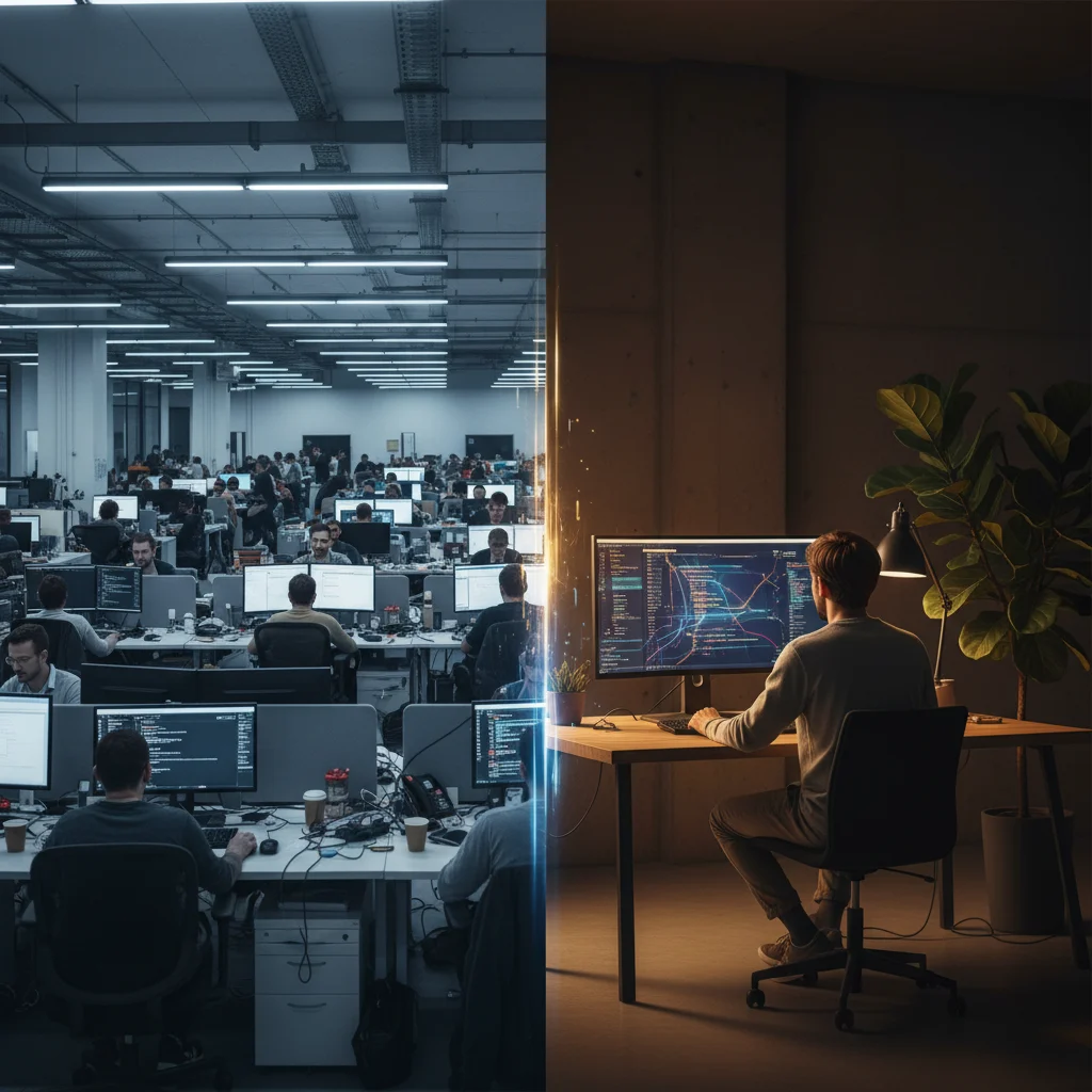 Duży zespół software house vs 1 osoba z AI — porównanie modeli pracy