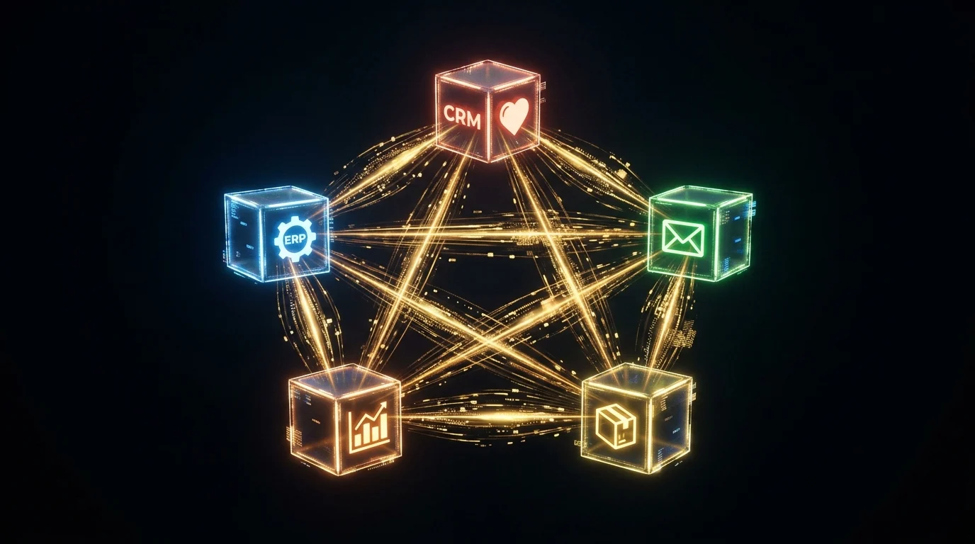 Wizualizacja integracji systemów biznesowych — CRM, ERP, mail, magazyn połączone złotymi przepływami danych