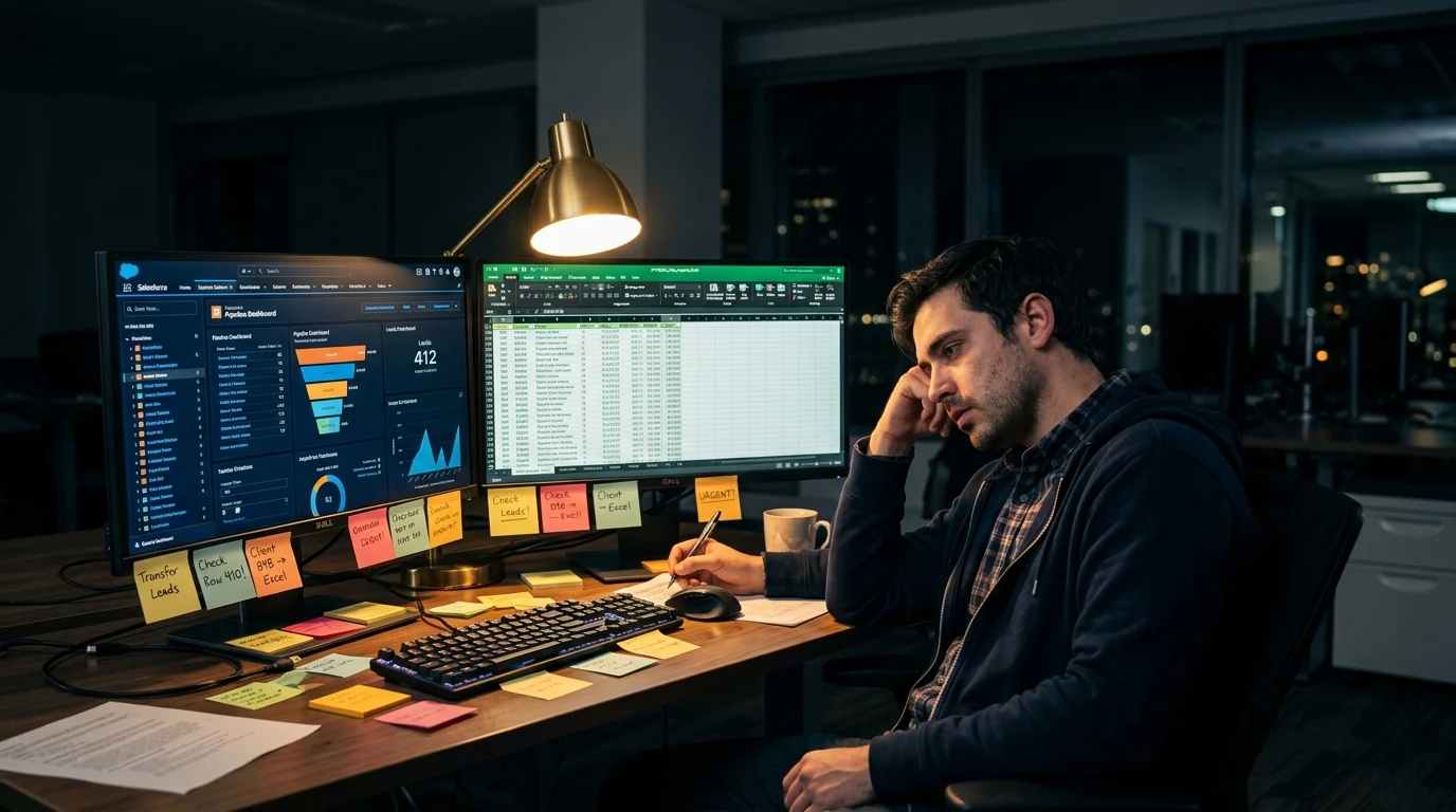 Sfrustrowany pracownik kopiujący dane między CRM a Excelem — problem braku integracji systemów w firmie