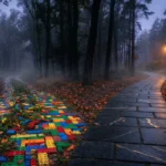 Wybór między no-code a dedykowanym narzędziem AI — rozwidlenie dwóch dróg: kolorowa plastikowa ścieżka i solidna kamienna droga