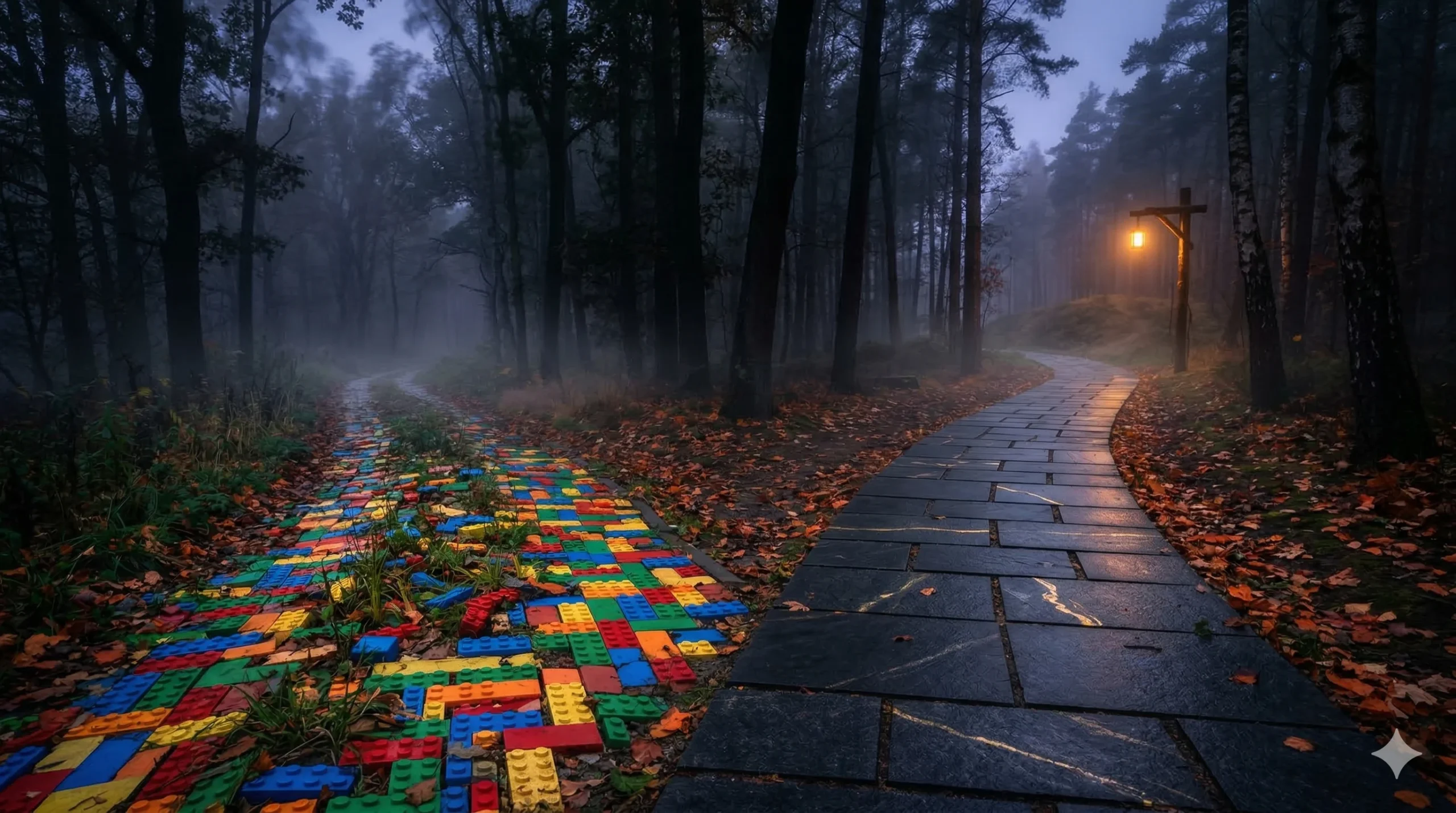 Wybór między no-code a dedykowanym narzędziem AI — rozwidlenie dwóch dróg: kolorowa plastikowa ścieżka i solidna kamienna droga