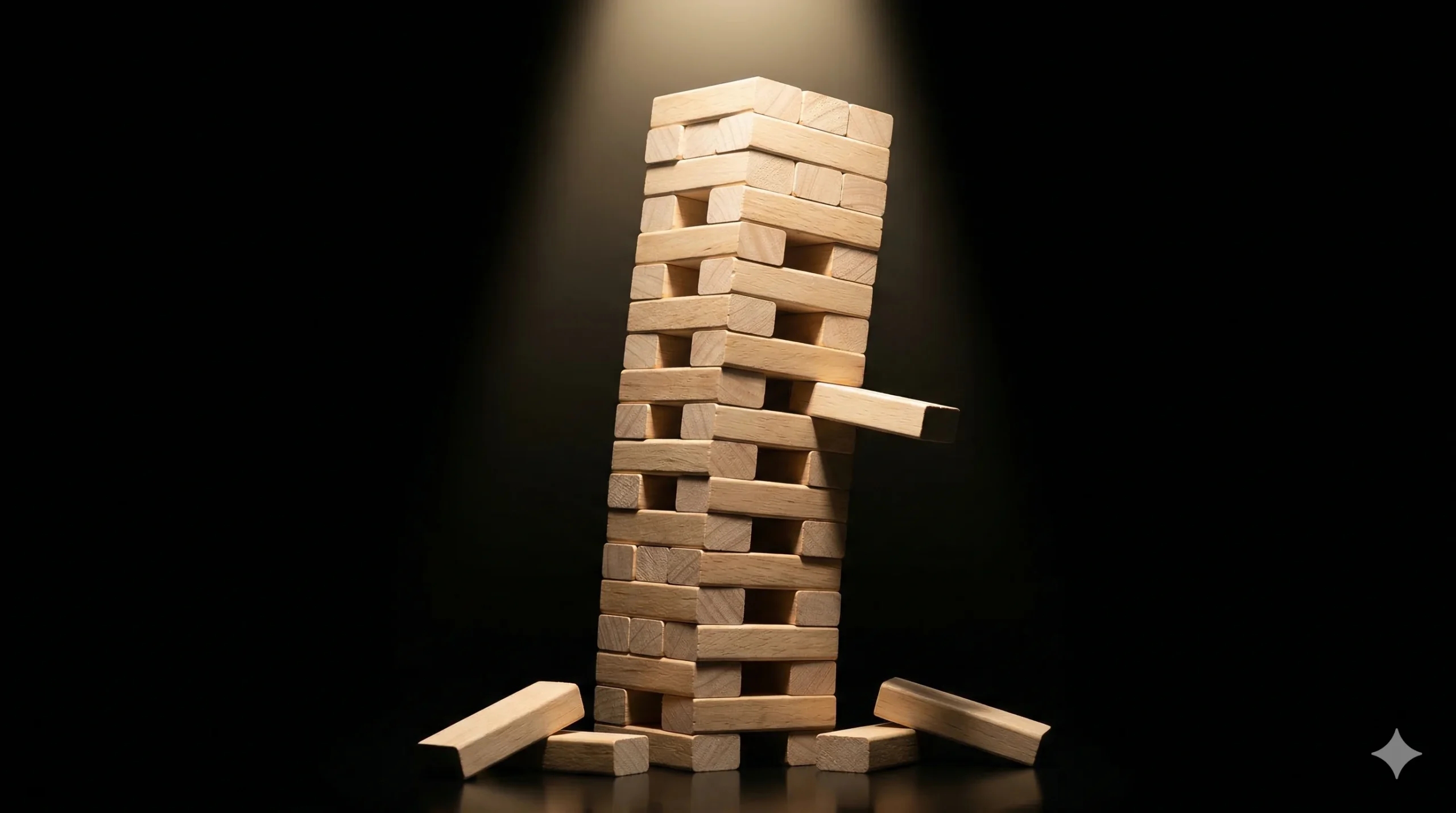 Ryzyko automatyzacji no-code — niestabilna wieża z klocków z brakującymi elementami na ciemnym tle, symbolizująca kruchość nakładki