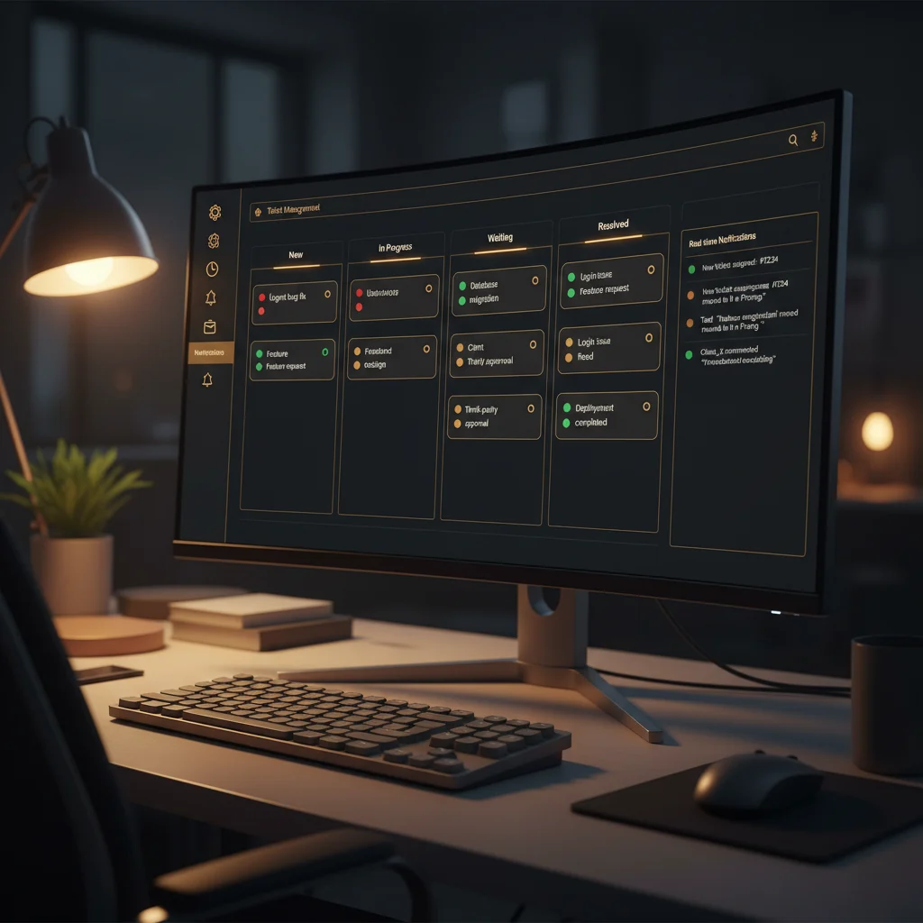 Czysty dashboard dedykowanego systemu ticketowego — dark theme, złote akcenty, customowy workflow