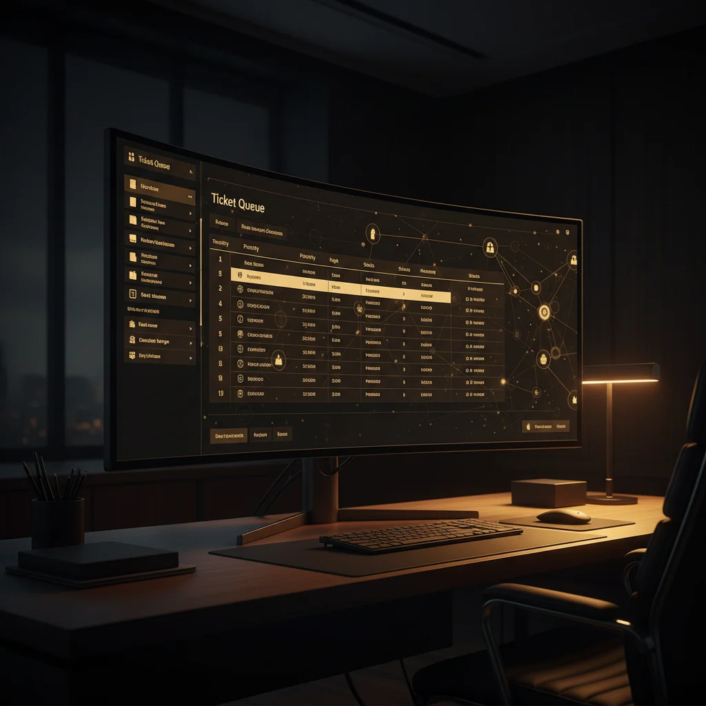 System ticketowy — helpdesk na monitorze, nowoczesne biuro z ciemnym tłem i złotymi akcentami