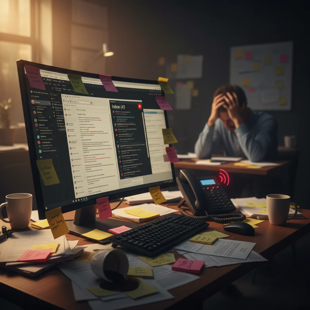 Biurko pełne karteczek, nieprzeczytanych maili i telefonów — chaos w obsłudze zgłoszeń