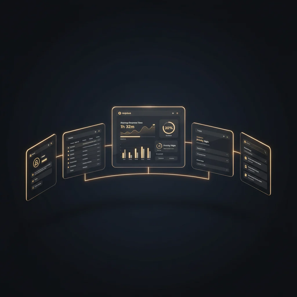 Ekran z interfejsami popularnych systemów ticketowych — Freshdesk, Zendesk, Jira