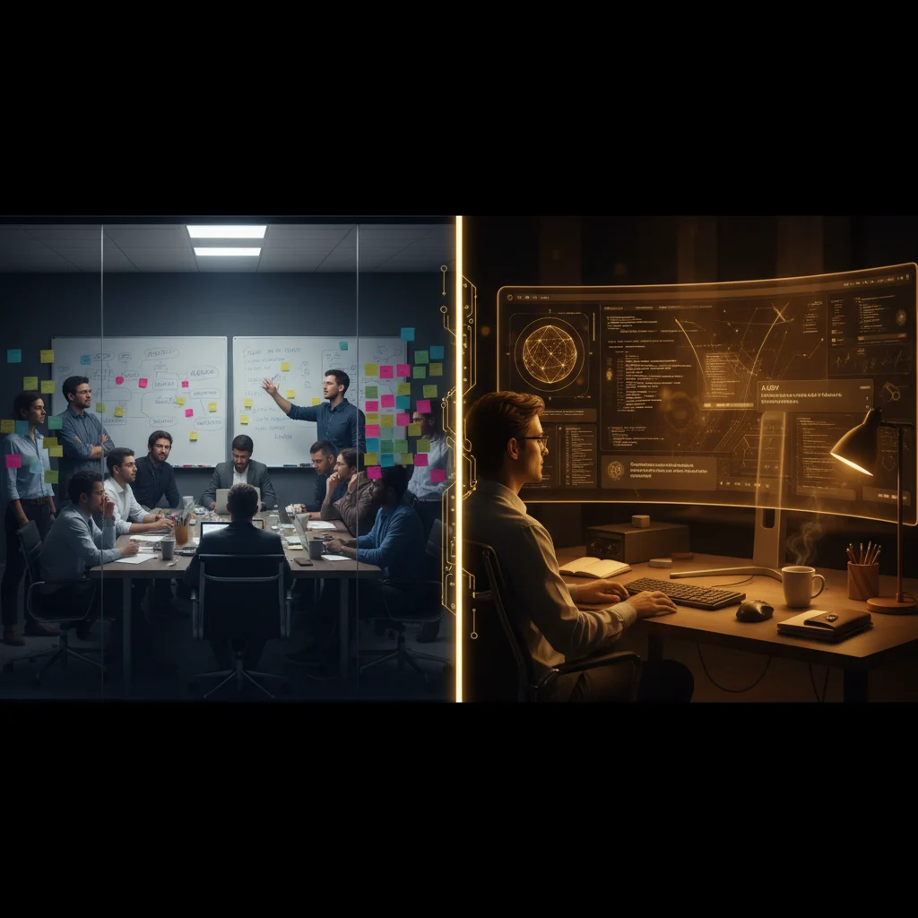 Porównanie software house (duży zespół) vs AI-assisted development (1 osoba z AI)