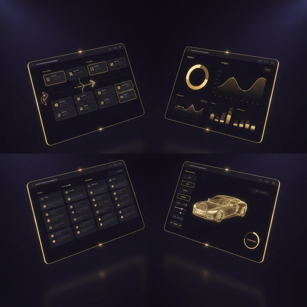 Kolaż dashboardów i interfejsów aplikacji webowych — dark theme, złote akcenty