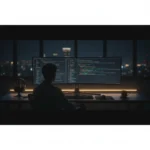 Tworzenie aplikacji webowych — developer przy monitorze z kodem, nowoczesne biuro