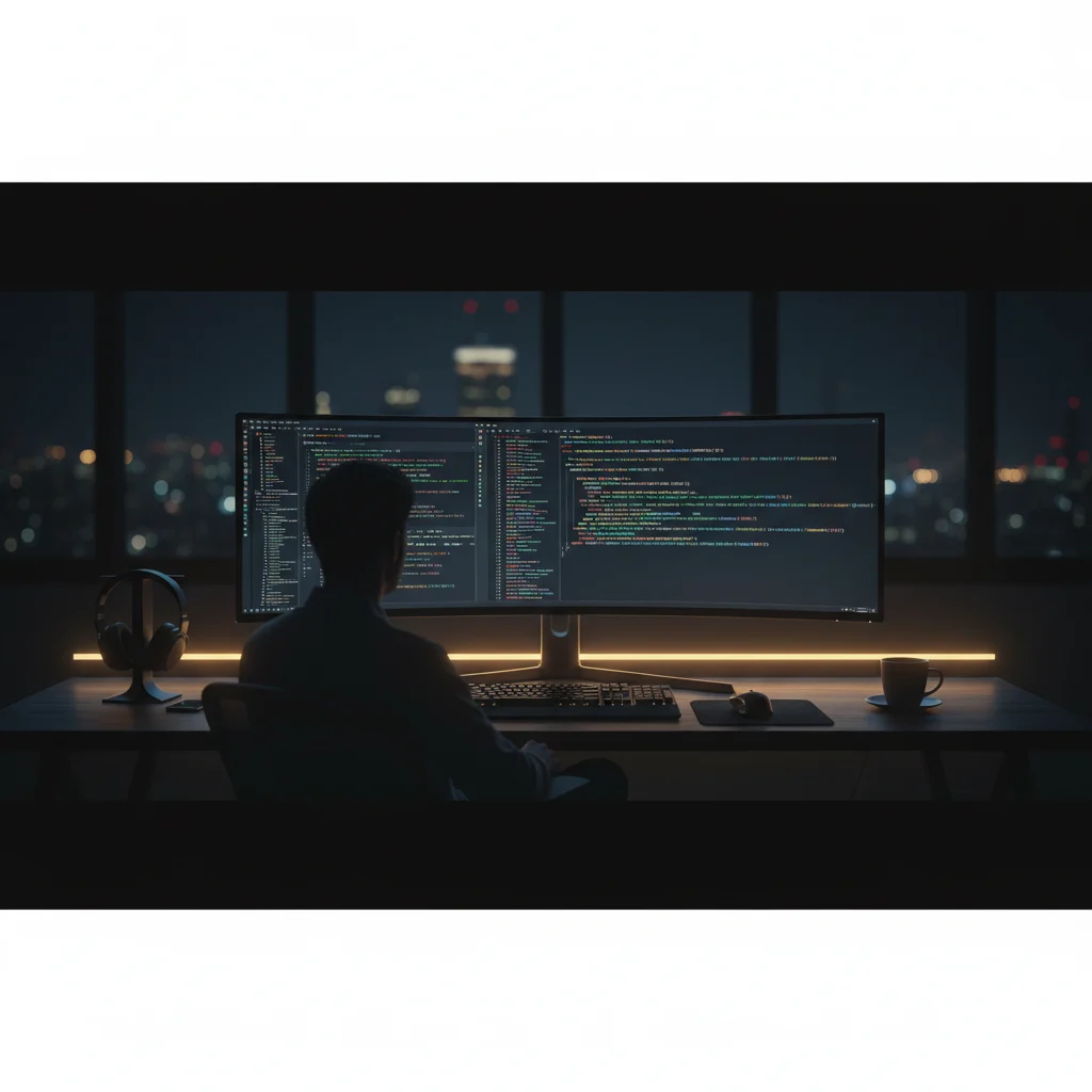 Tworzenie aplikacji webowych — developer przy monitorze z kodem, nowoczesne biuro
