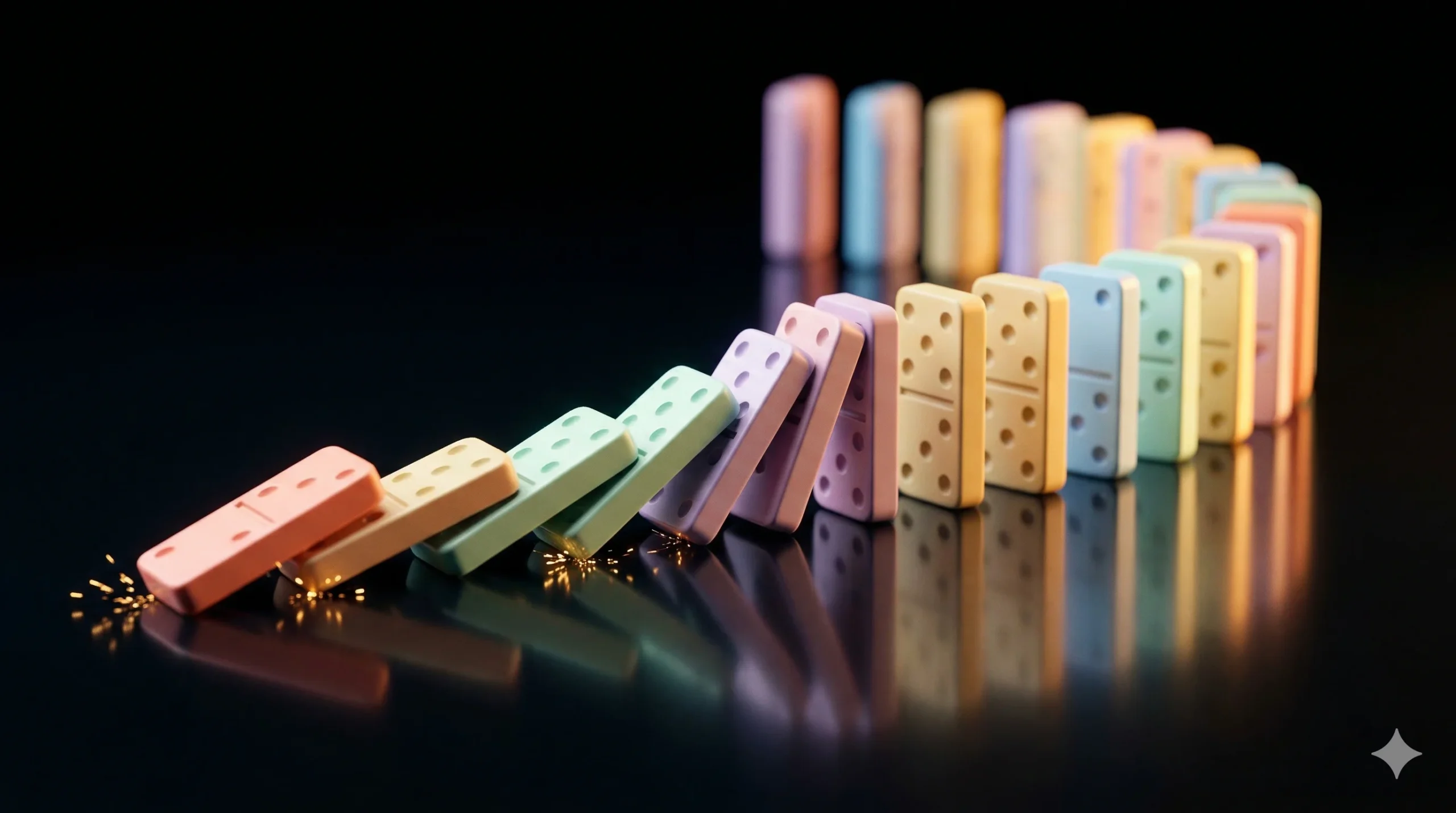 Prosty przepływ automatyzacji no-code — kolorowe kostki domina ustawione w łańcuch na ciemnej powierzchni ze złotym światłem