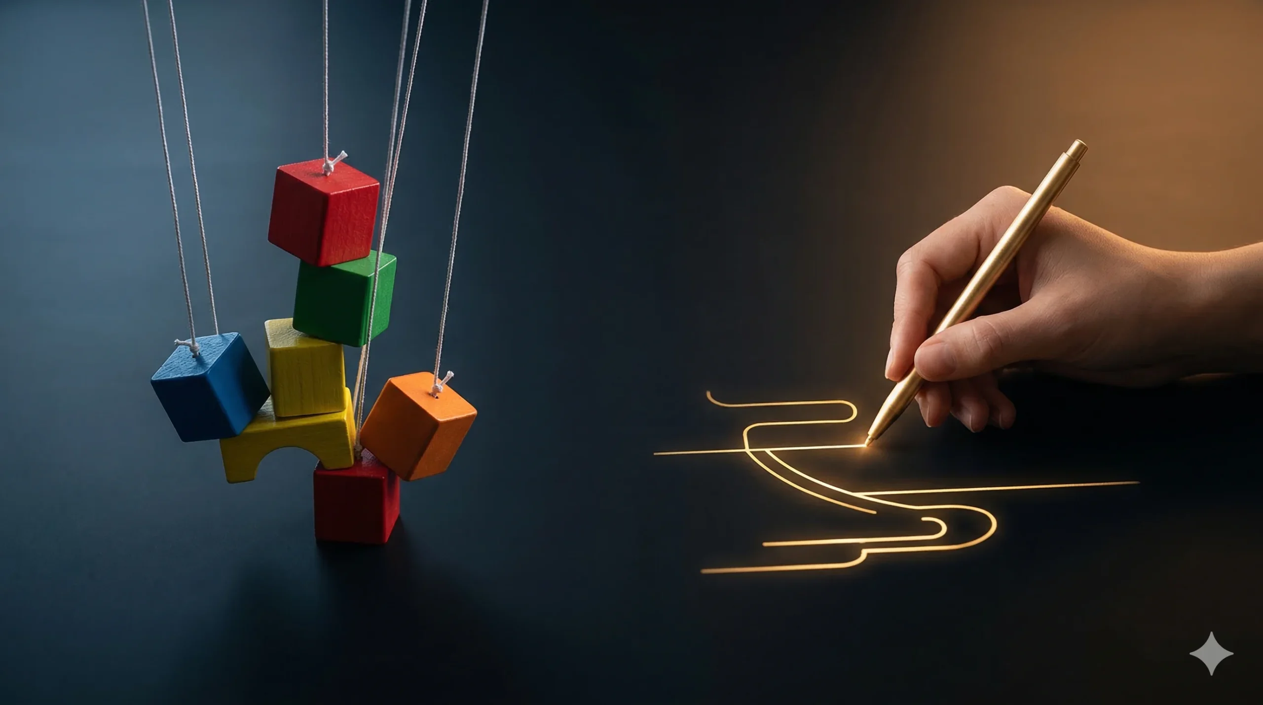 Zapier Make czy dedykowane narzędzie AI — porównanie: drewniane klocki na sznurkach symbolizujące no-code obok wolnej ręki tworzącej bezpośrednio