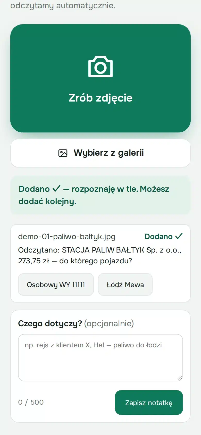 Telefon po zdjęciu paragonu: odczytana kwota i pytanie, do którego pojazdu przypisać paliwo