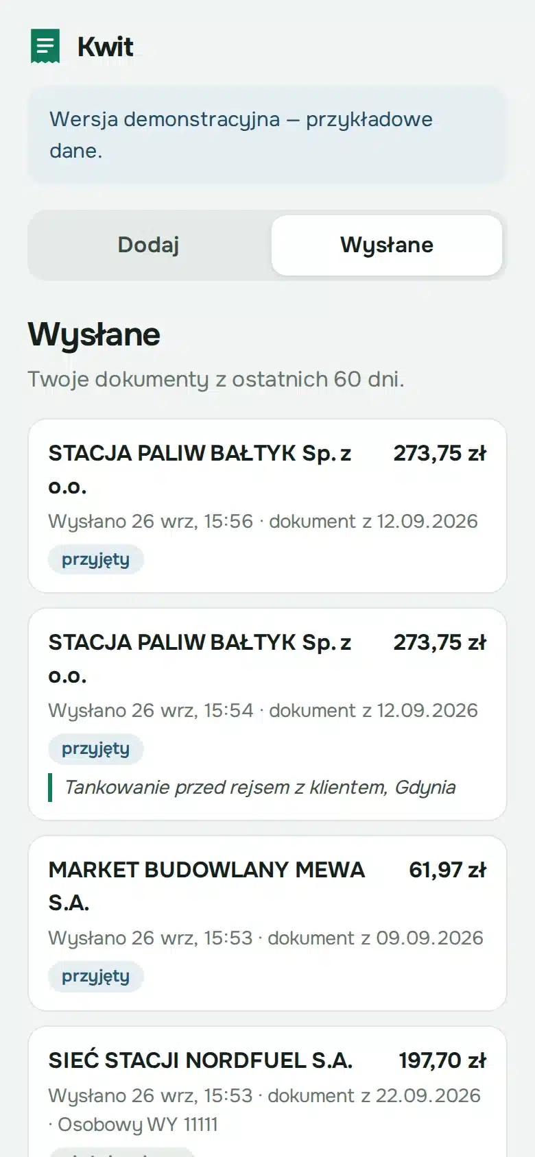 Historia dokumentów wysłanych przez pracownika z telefonu